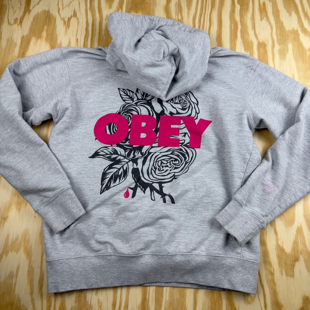 Obey Worldwide Rose Graphic Hoodie Gray Pink Logo Streetwear Mens Small